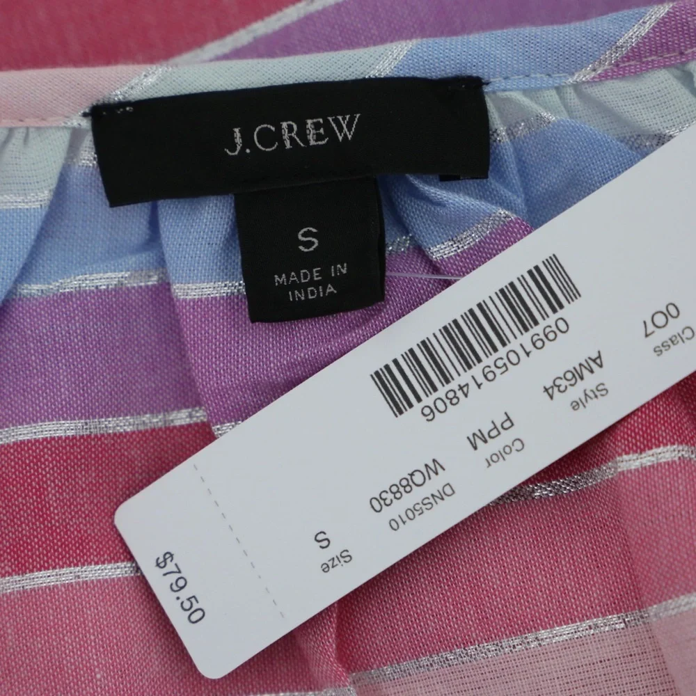 NWT J. Crew Metallic Pastel Pink Purple Striped Peasant Top Size Small